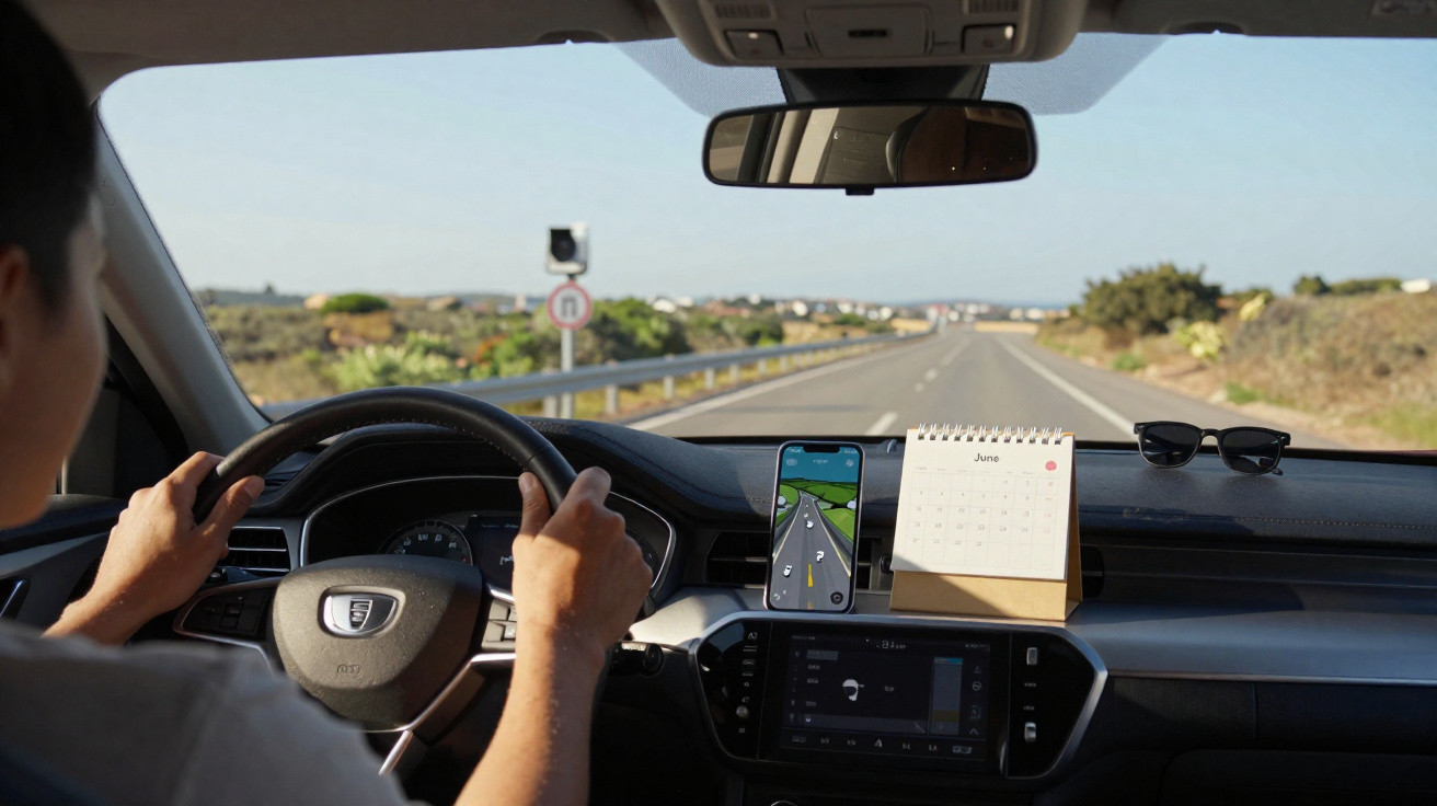 Pessoa dirigindo carro em estrada aberta, com GPS no celular e calendário no painel.