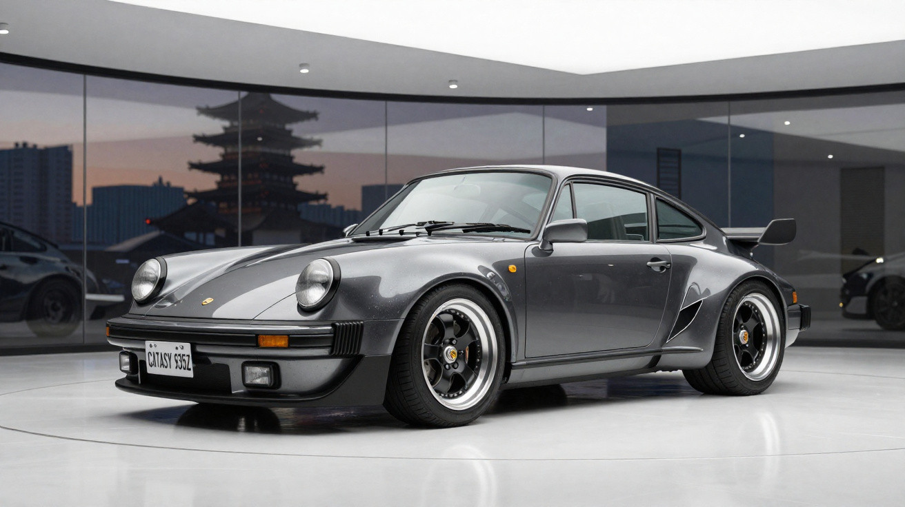 Carro esportivo Porsche 911 cinza estacionado em ambiente moderno com vidros refletivos ao fundo.