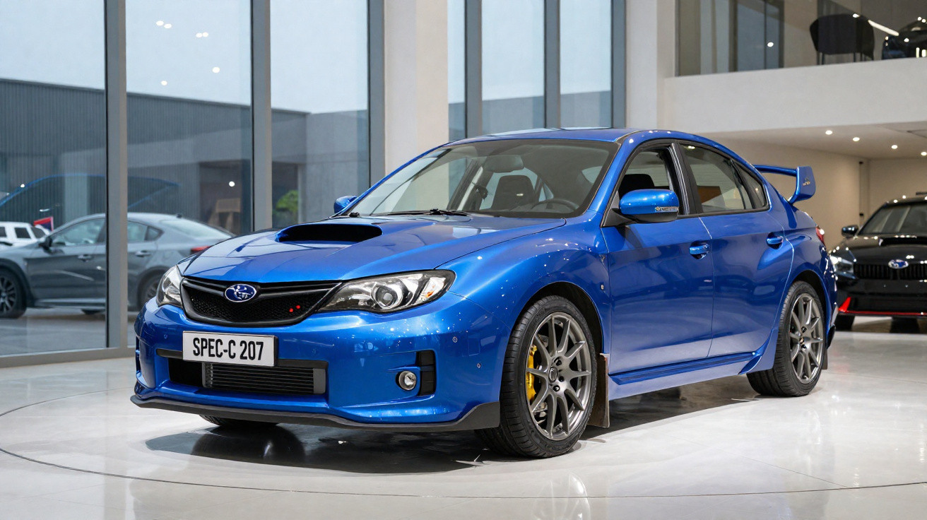 Carro esportivo Subaru azul em exposição dentro de showroom moderno e iluminado.