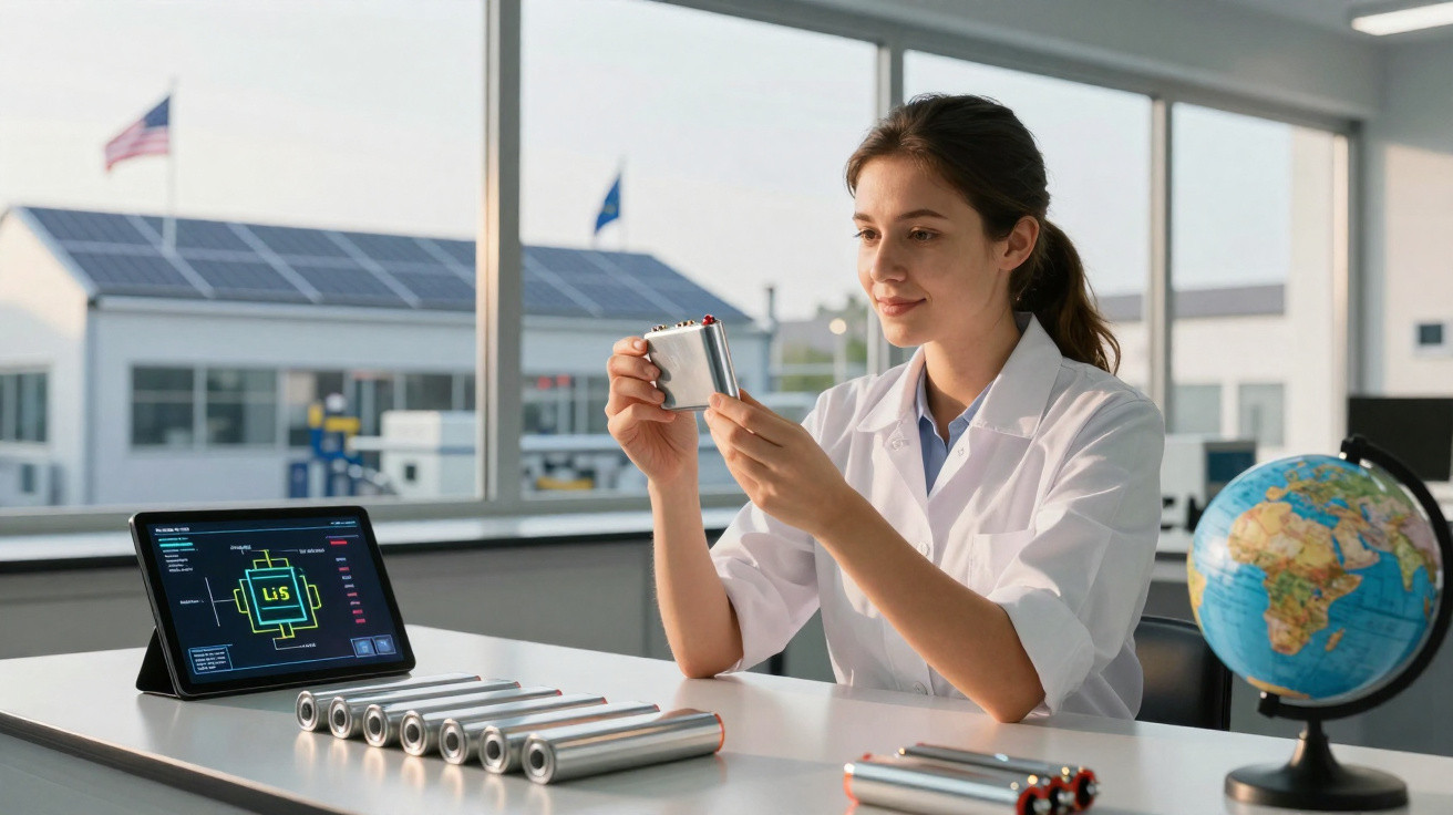 Mulher em jaleco analisa bateria em laboratório com laptop e globo terrestre ao fundo.