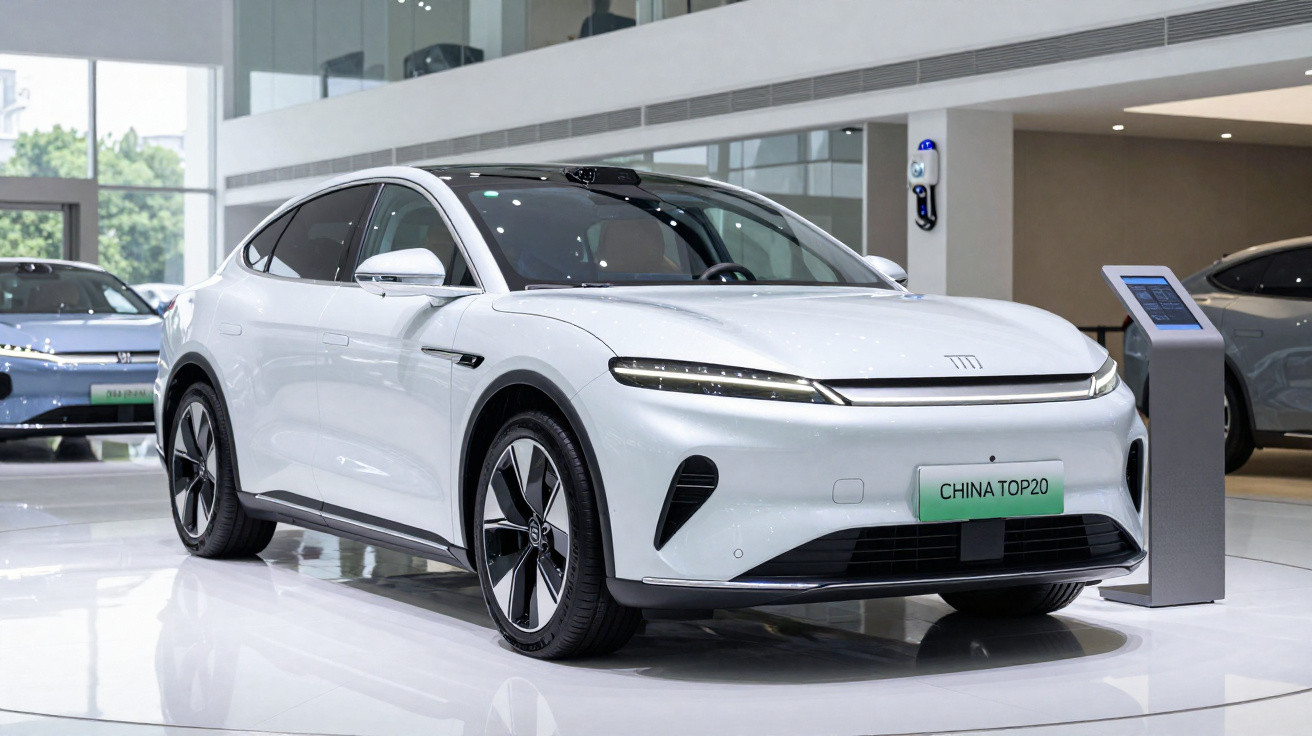 Carro elétrico branco moderno exibido em salão com parede de vidro ao fundo.