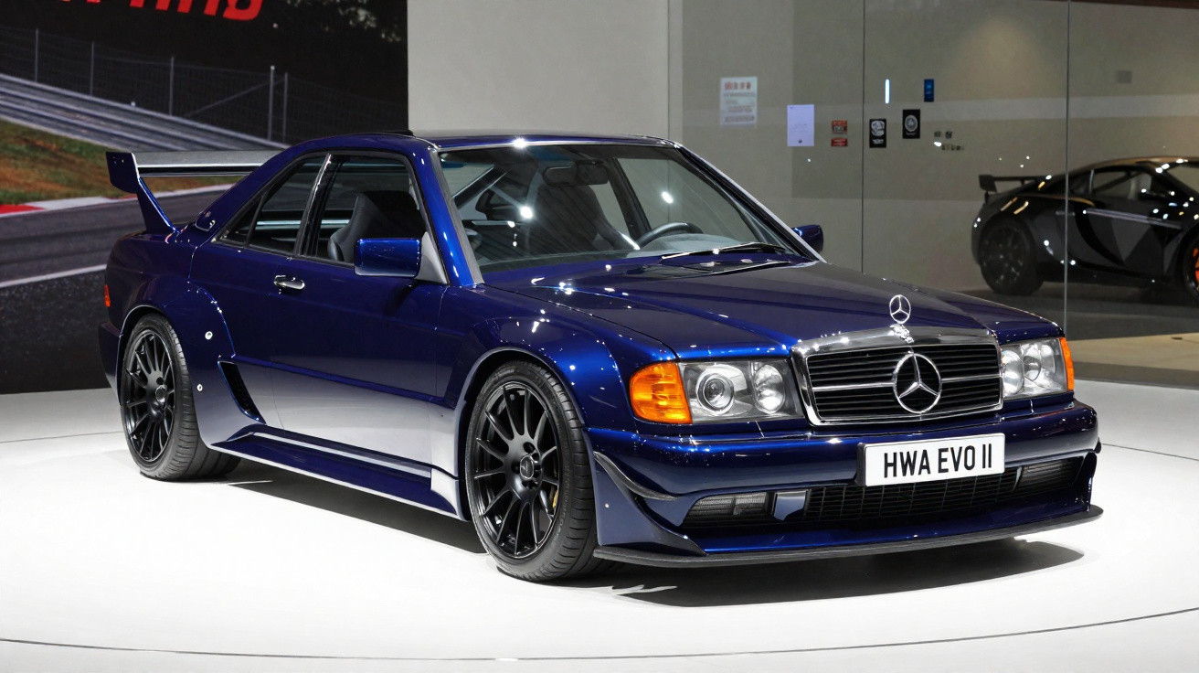 Carro esportivo Mercedes-Benz azul escuro em exposição com rodas pretas e aerofólio traseiro grande.