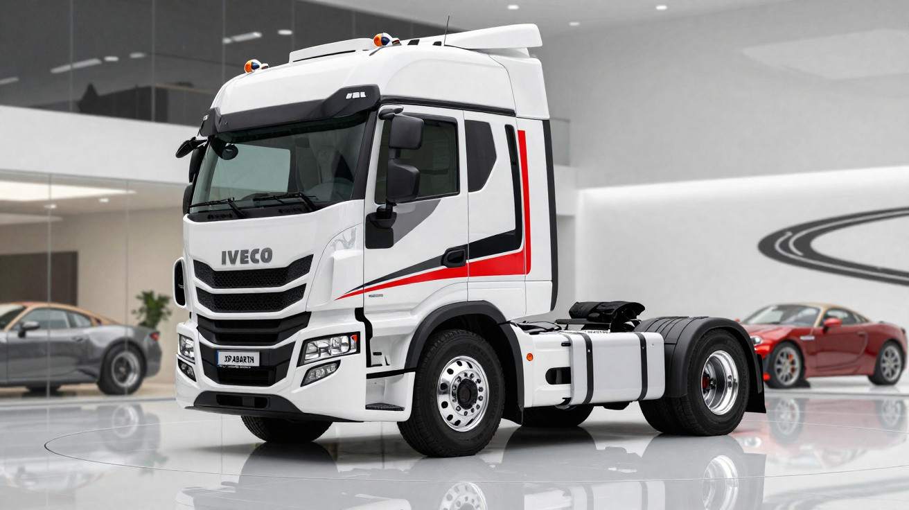 Caminhão branco Iveco estacionado em salão moderno com carros esportivos ao fundo.