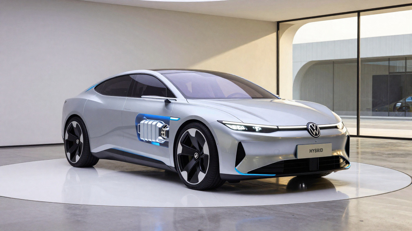 Carro híbrido Volkswagen prata em exposição interna com destaque para o motor exibido na lateral.