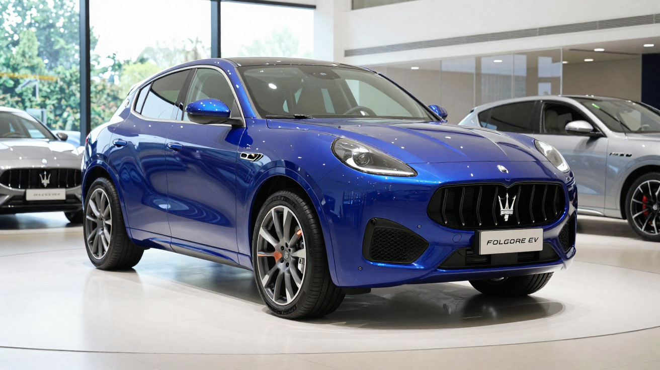 Carro elétrico Maserati Folgore EV azul em exposição na concessionária, destaque na grade frontal e rodas.