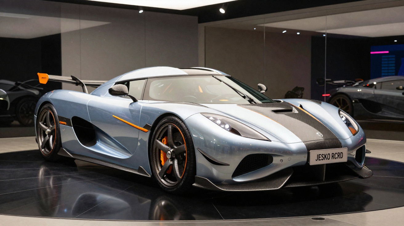 Carro esportivo cinza Koenigsegg Jesko RCRD em exposição em ambiente interno moderno.