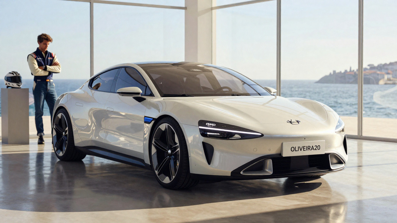 Carro esportivo branco estacionado em salão moderno com homem e capacete ao fundo próximo ao vidro com vista para o mar.