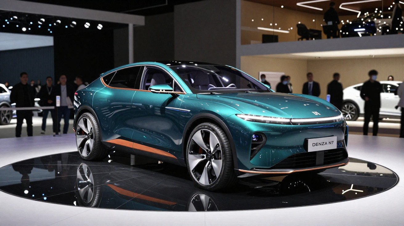 Carro elétrico azul metálico modelo Denza N7 exibido em evento automotivo com público ao fundo.