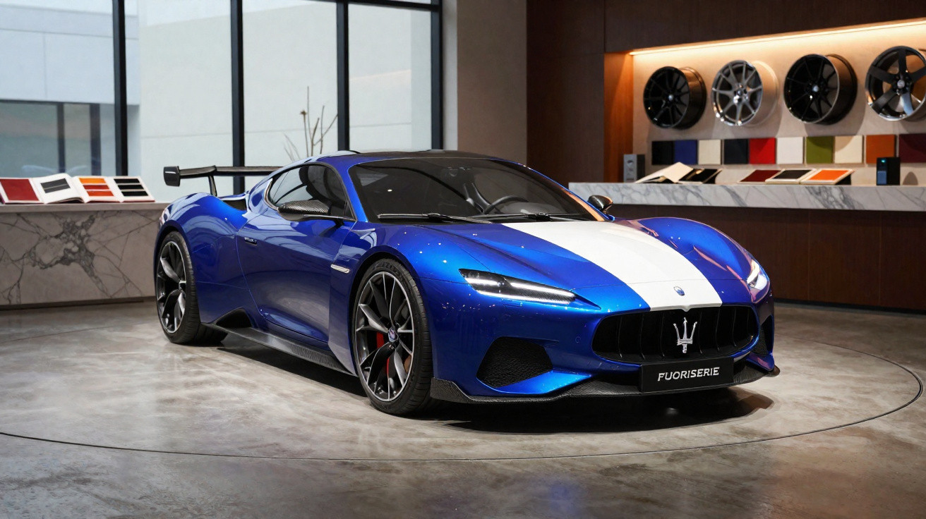 Carro esportivo azul com faixa branca no centro em exposição interna com rodas e amostras de cores ao fundo.