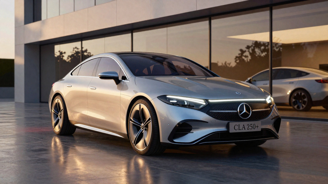 Carro Mercedes-Benz CLA 250+ prata estacionado em frente a prédio moderno com fachada de vidro.