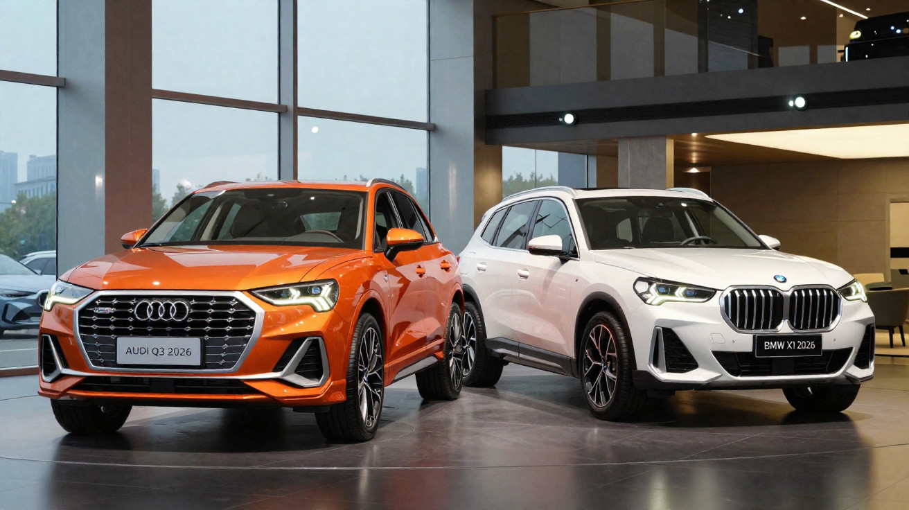 Dois SUVs novos em showroom, Audi Q3 2026 laranja e BMW X1 2026 branco lado a lado.