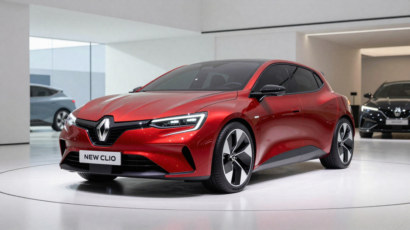 Carro vermelho Renault New Clio em exposição dentro de showroom moderno branco.