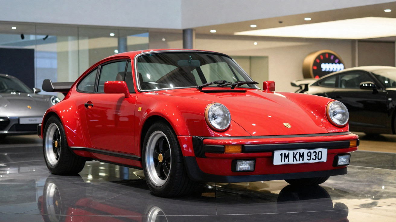 Carro esportivo Porsche clássico vermelho estacionado em showroom moderno com piso brilhante.
