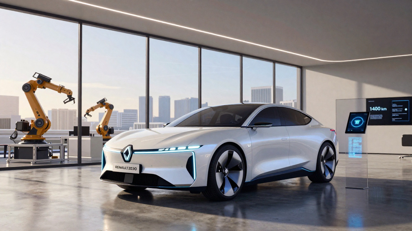 Carro elétrico Renault futurista branco em showroom moderno com braços robóticos e vista urbana ao fundo.