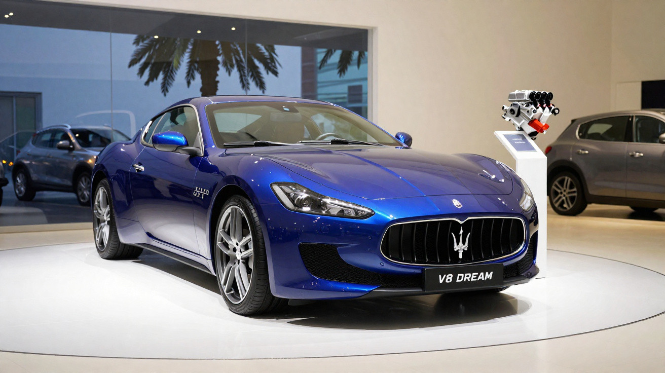 Carro esportivo azul Maserati exposto em salão com motor V8 ao lado, ambiente moderno.