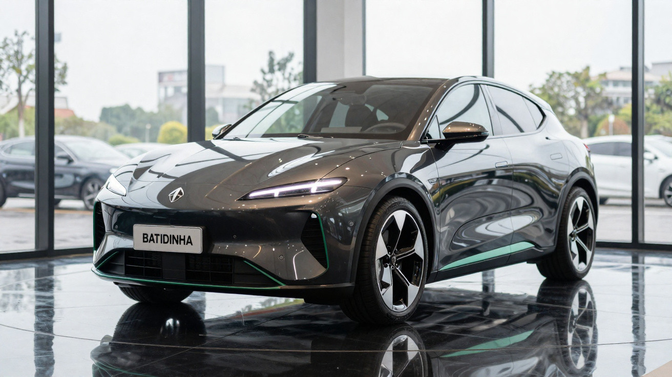 Carro elétrico cinza escuro modelo Batidinha em exibição dentro de showroom moderno com vidro.