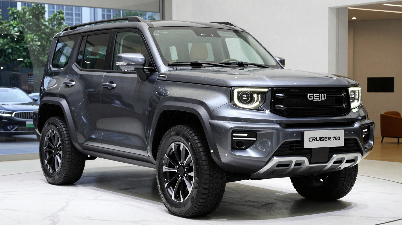 SUV cinza GEELY Cruiser 700 estacionado em ambiente interno moderno com rodas pretas e detalhes robustos.