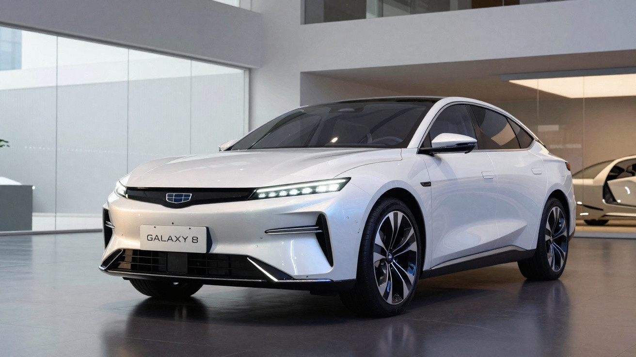 Carro elétrico branco Galaxy 8 estacionado em showroom moderno com luz natural e piso cinza.