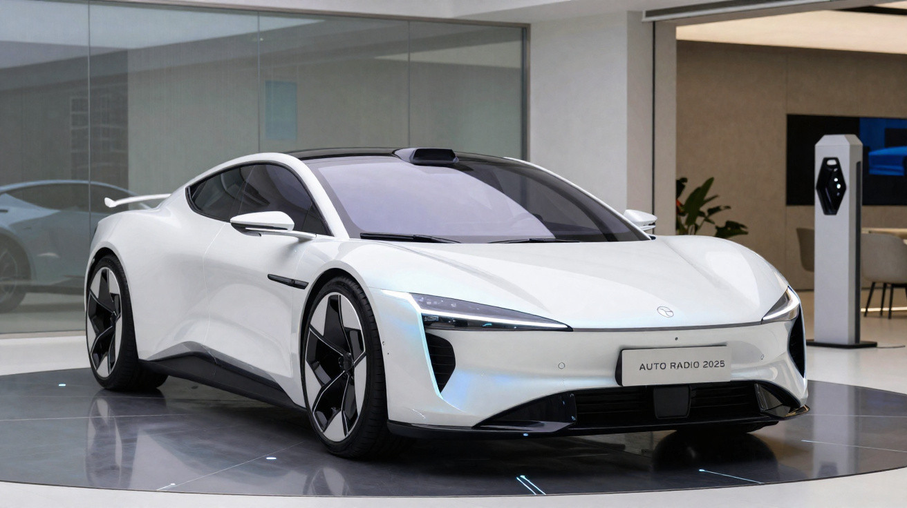 Carro elétrico esportivo branco com design futurista exibido em showroom moderno.