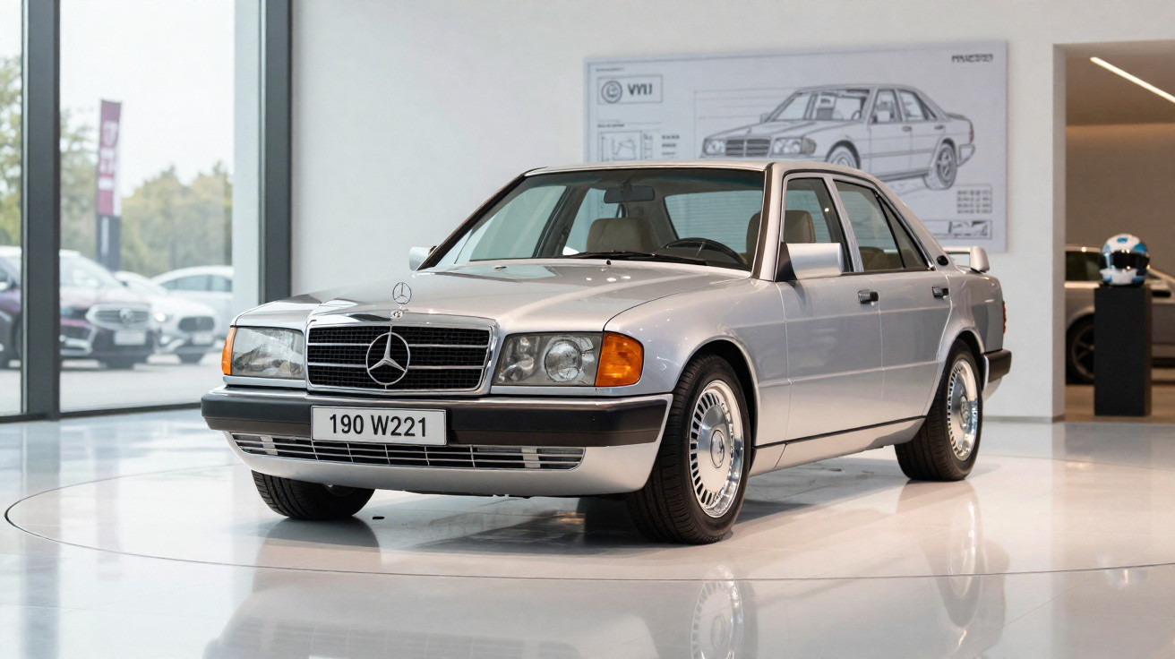 Carro Mercedes-Benz 190 W221 prata em exposição interna com plantas e outros veículos ao fundo.