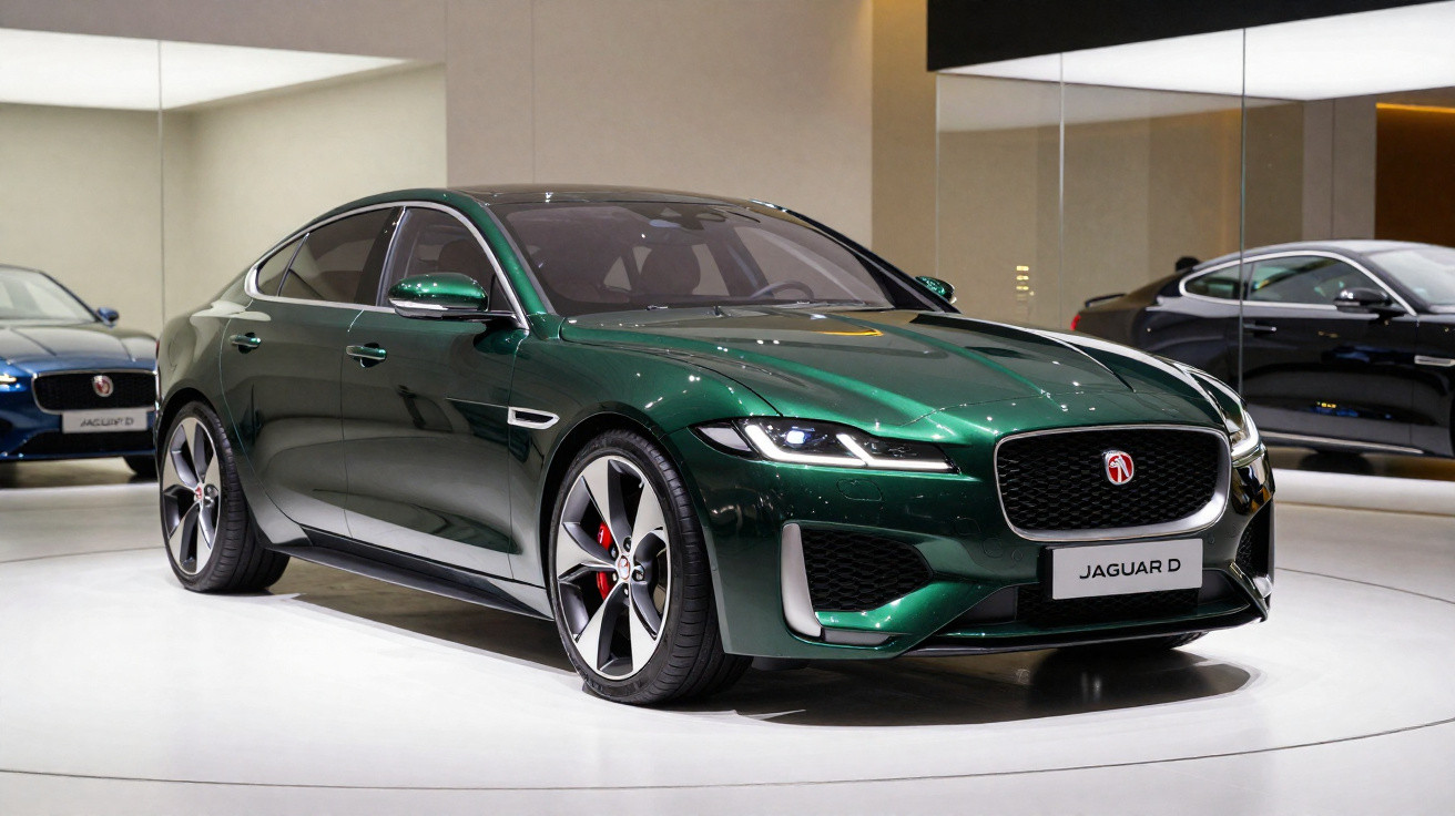 Carro esportivo verde escuro Jaguar D exibido em salão com piso branco e espelhos ao fundo.