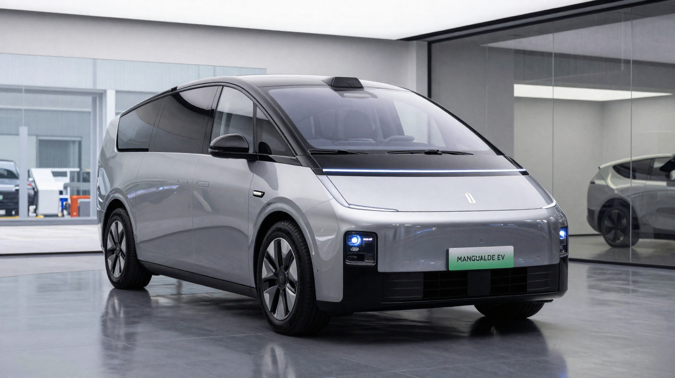 Carro elétrico cinza moderno estacionado em ambiente interno com janelas espelhadas ao fundo.