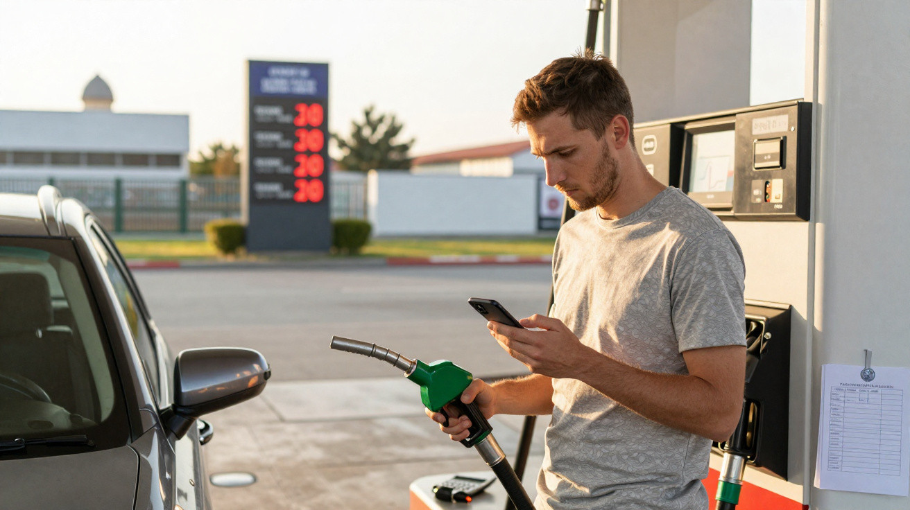 Homem com camiseta cinza abastecendo carro com bomba de combustível verde enquanto usa celular em posto de gasolina.