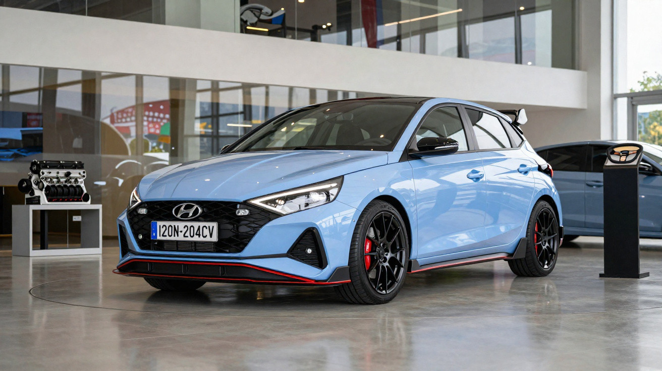 Carro esportivo Hyundai i20 N azul exibido em showroom moderno com rodas pretas e detalhes em vermelho.