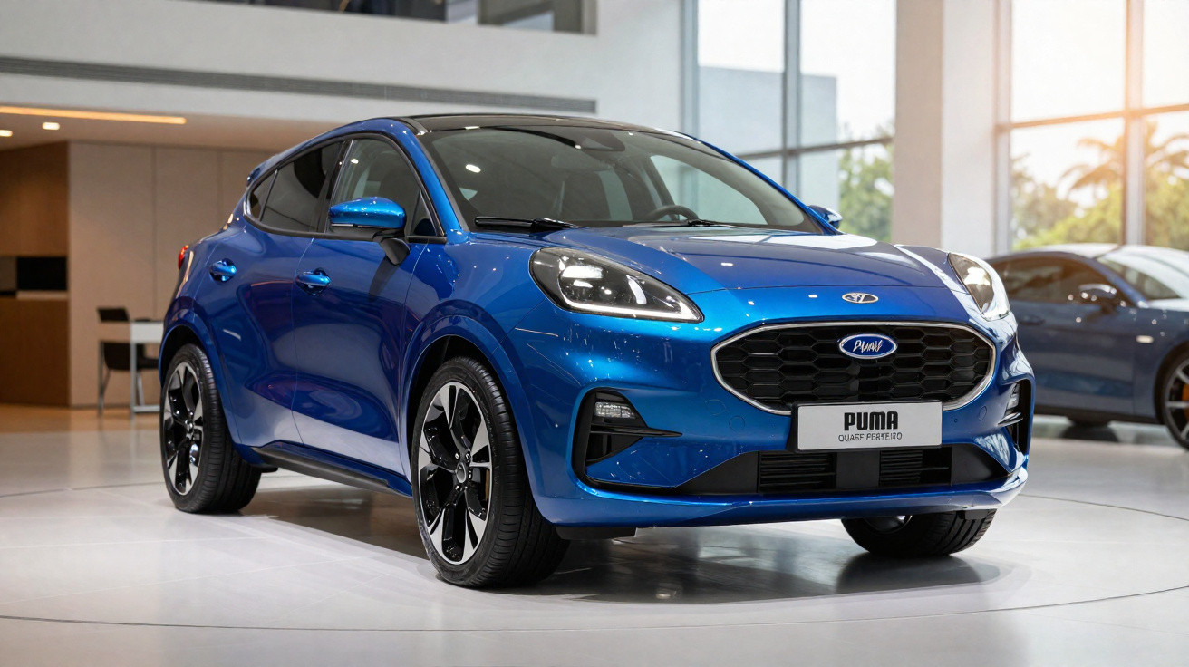 Carro compacto azul Ford Puma em exposição em ambiente interno iluminado.