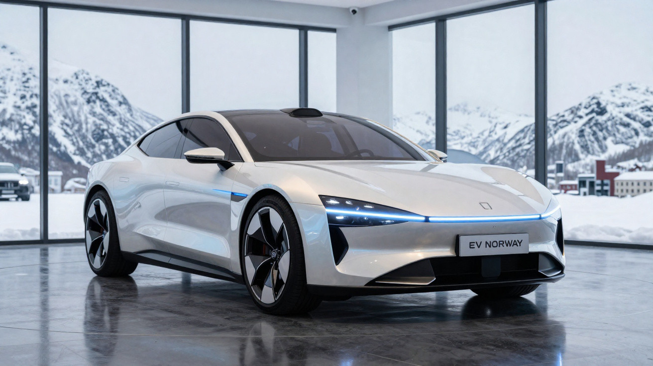 Carro elétrico cinza em showroom com grandes janelas e paisagem nevada ao fundo.