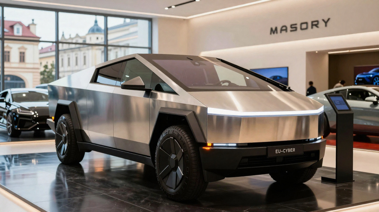 Carro elétrico futurista Tesla Cybertruck prata exposto em salão automotivo moderno.