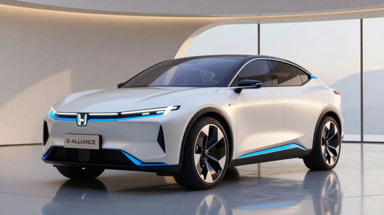 Carro elétrico Honda E-Alliance branco com detalhes em azul em ambiente interno moderno.