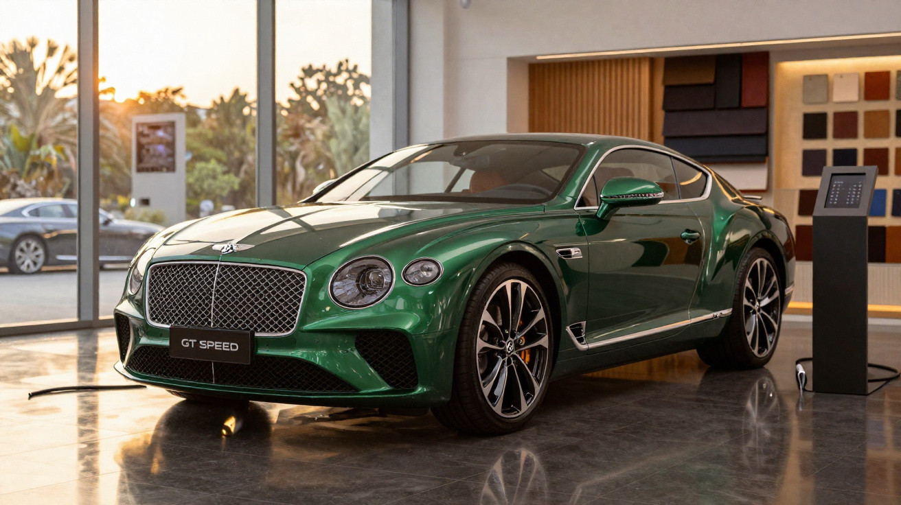 Carro esportivo verde Bentley GT Speed estacionado em showroom moderno com parede de amostras e grande janela.