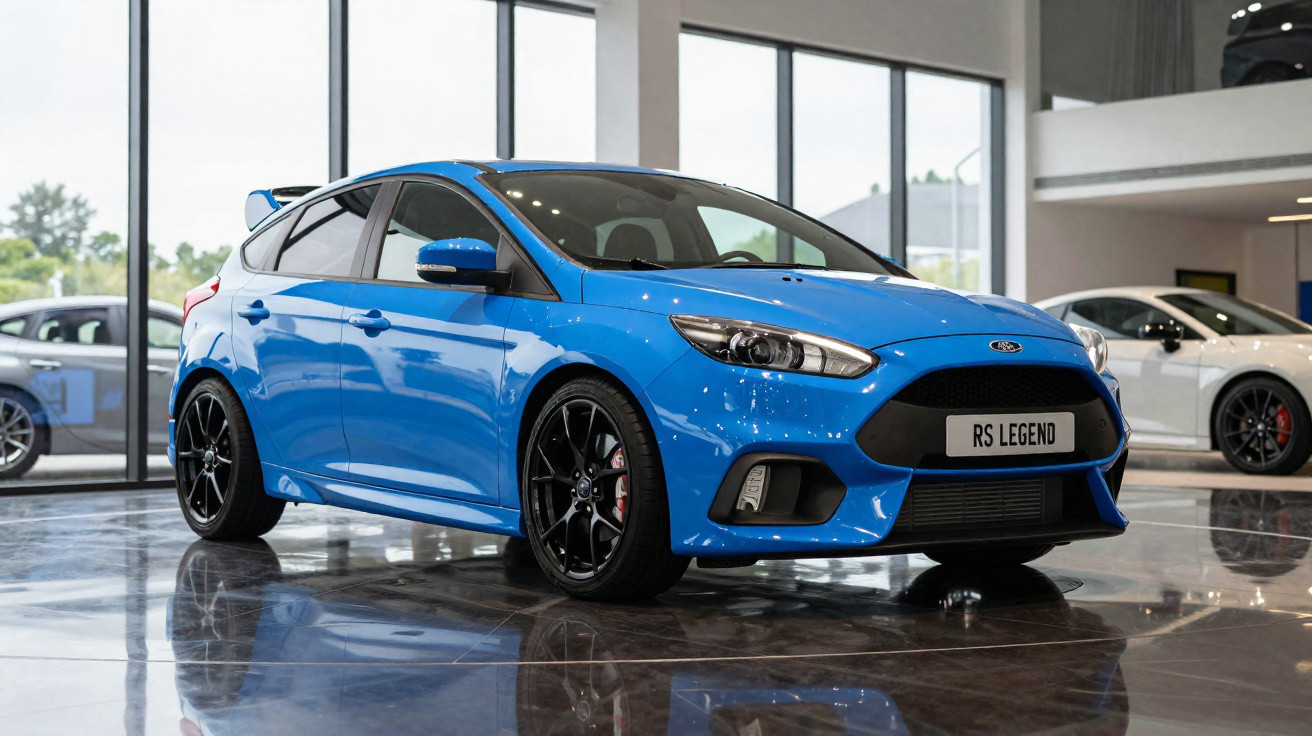 Carro esportivo azul Ford RS Legend estacionado em showroom moderno com piso refletivo.
