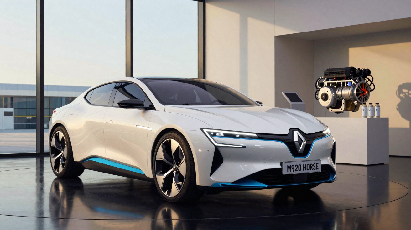 Carro elétrico branco Renault Mégane E-Tech com design futurista em showroom moderno com motor exposto ao fundo.