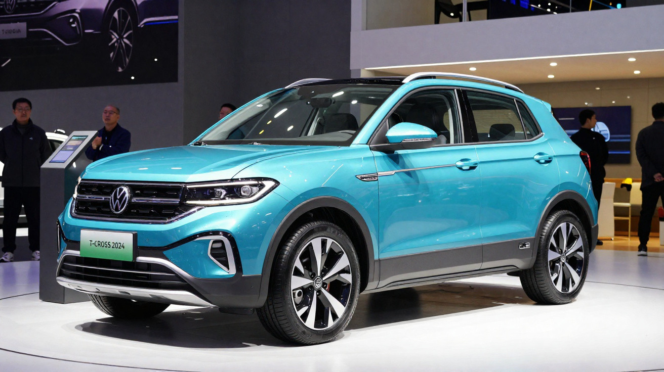 SUV Volkswagen T-Cross 2024 azul exibido em estande de evento automotivo.
