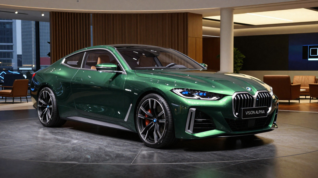 Carro esportivo BMW Vision Alpina verde em exibição dentro de ambiente moderno e iluminado.