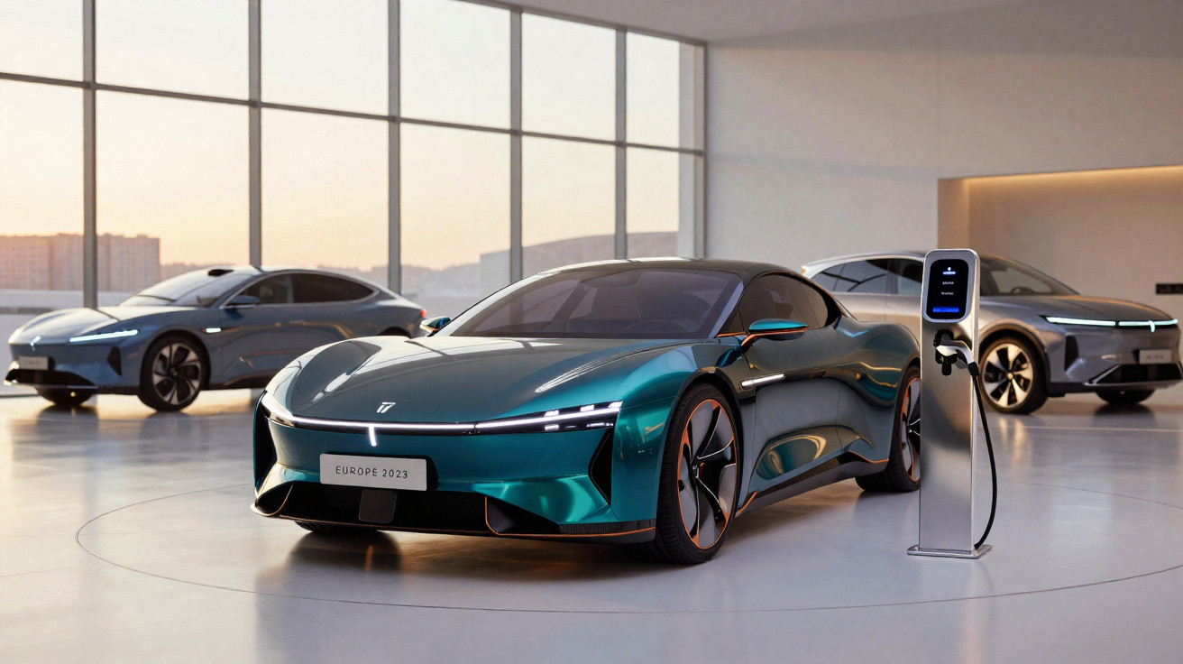 Carros elétricos futuristas expostos em showroom moderno com carregador ao lado do veículo verde metálico.