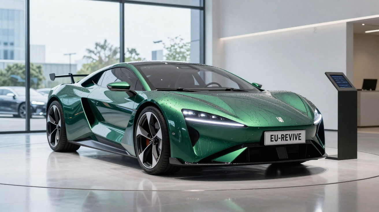 Carro esportivo verde metálico com design futurista exibido em showroom moderno e iluminado.