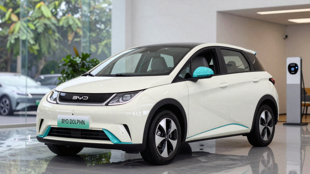 Carro elétrico BYD Dolphin branco com detalhes azuis em showroom moderno e iluminado.