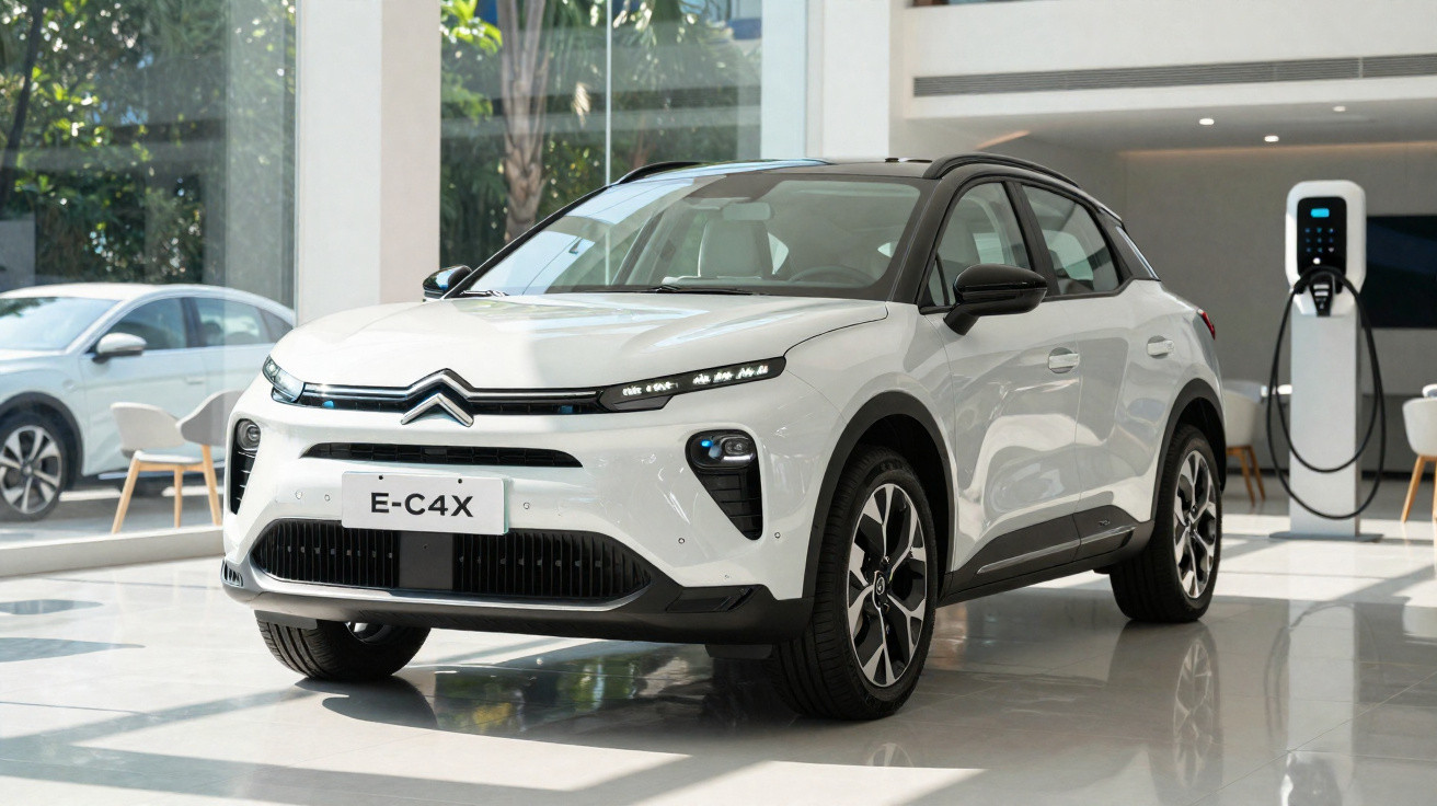 Carro elétrico branco Citroën E-C4X em showroom moderno, próximo a estação de recarga.