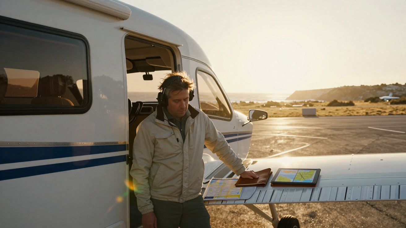 Homem com fones planeja rota no mapa apoiado na asa de avião pequeno ao pôr do sol.