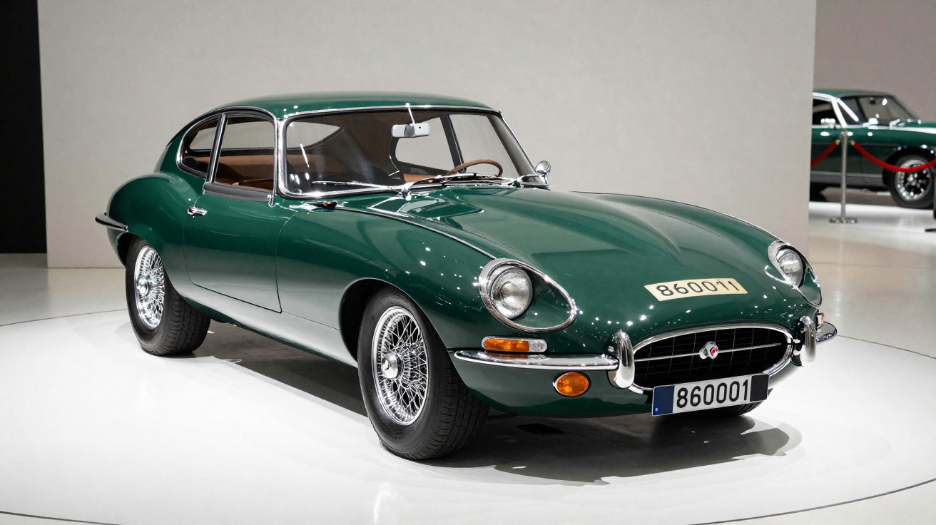 Carro esportivo clássico verde em exposição em ambiente interno com piso branco.