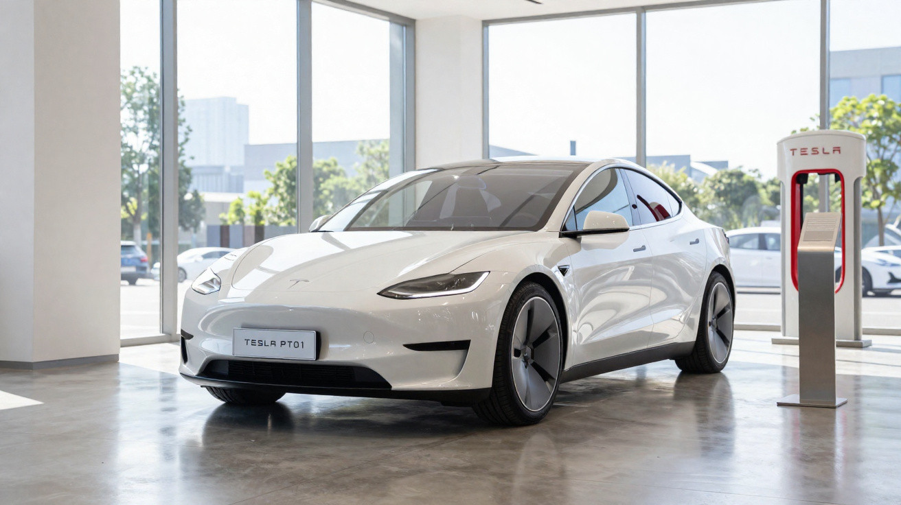 Carro elétrico Tesla branco estacionado ao lado de estação de recarga em showroom moderno.