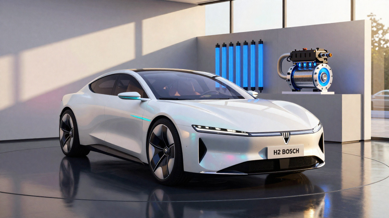 Carro elétrico branco moderno estacionado em ambiente interno com equipamento tecnológico ao fundo.