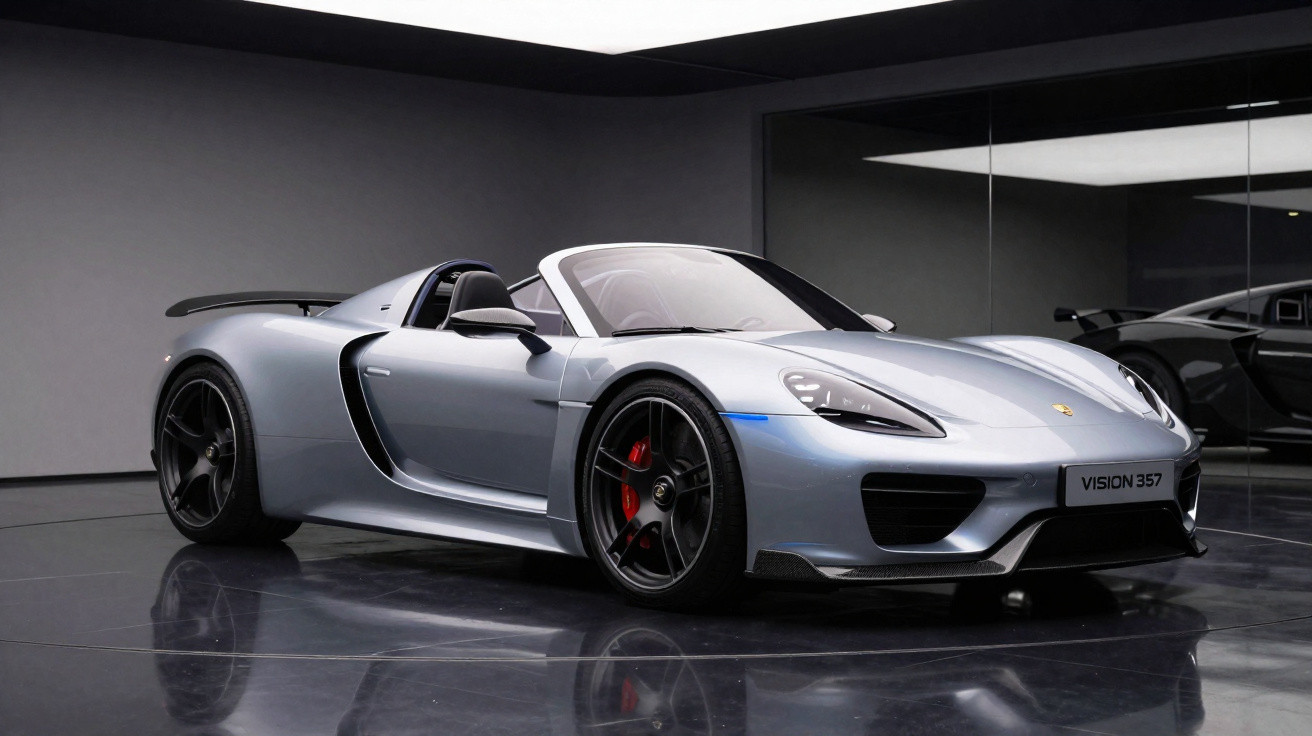 Carro esportivo Porsche prata conversível em exposição com piso refletivo e parede espelhada ao fundo.