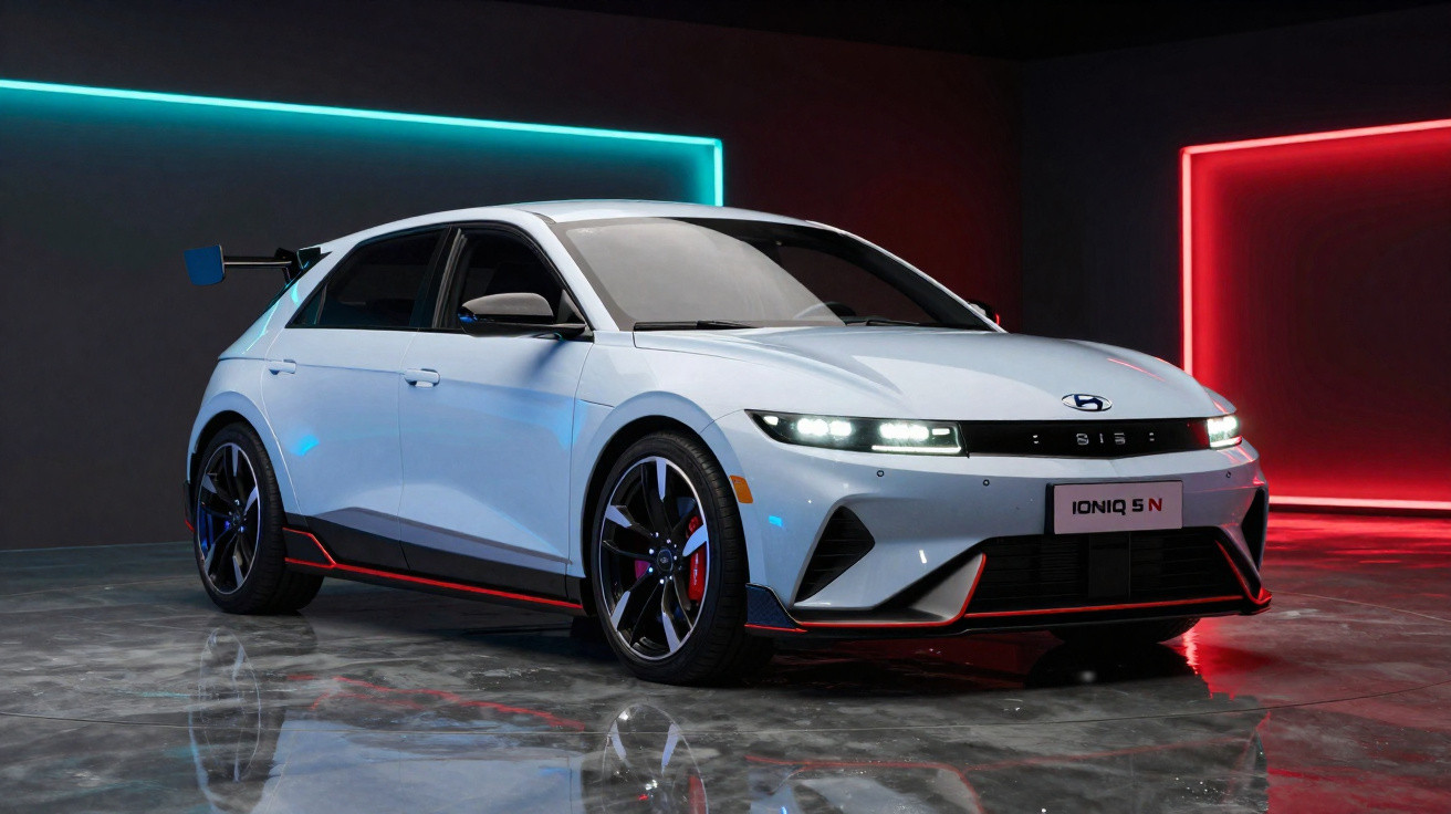 Carro elétrico Hyundai Ioniq 5 N branco em estúdio com iluminação azul e vermelha.