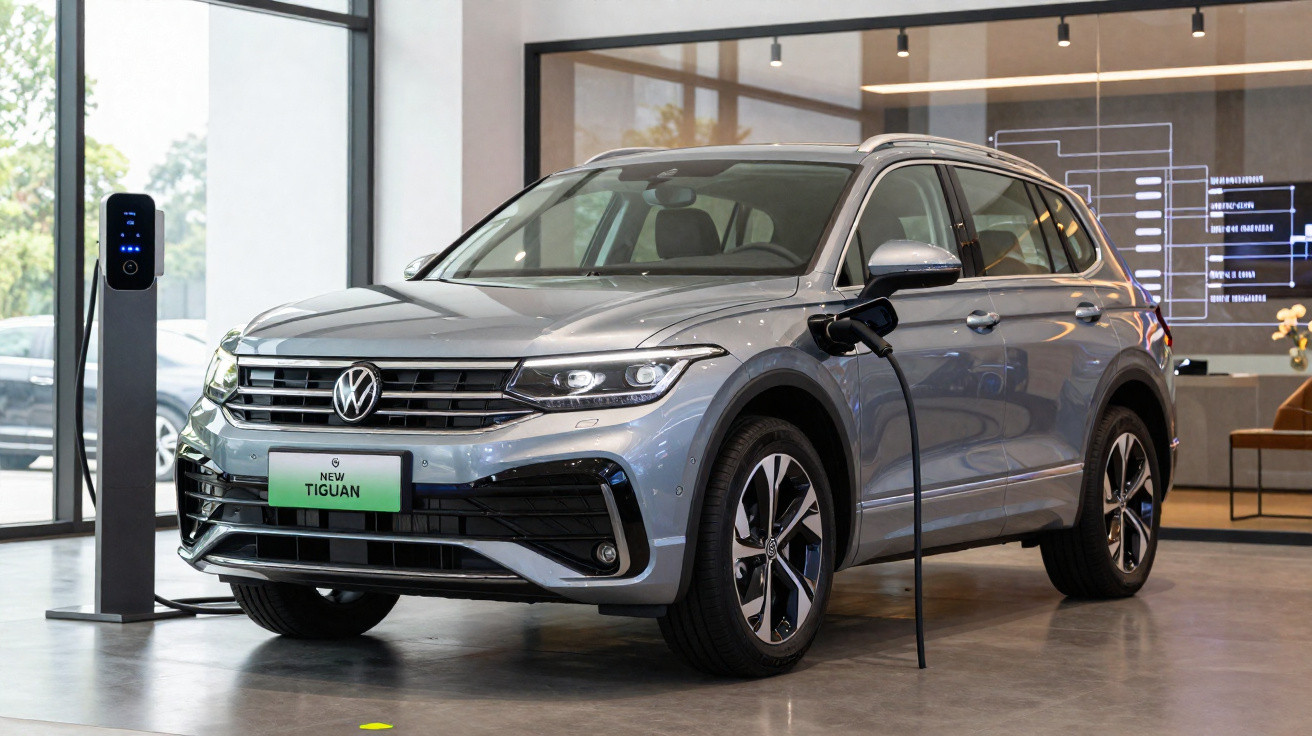 Carro elétrico Volkswagen Tiguan prata carregando em estação dentro de loja moderna.
