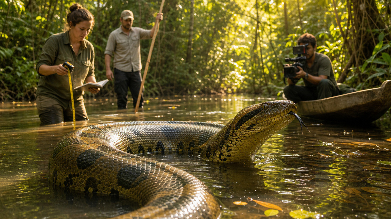 Anaconda na água com três pessoas ao fundo, uma registrando e outras medindo o réptil na floresta.