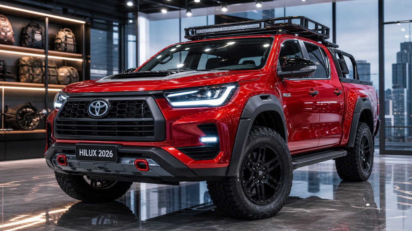 Picape Toyota Hilux 2026 vermelha em showroom moderno com rodas pretas e acessórios off-road.